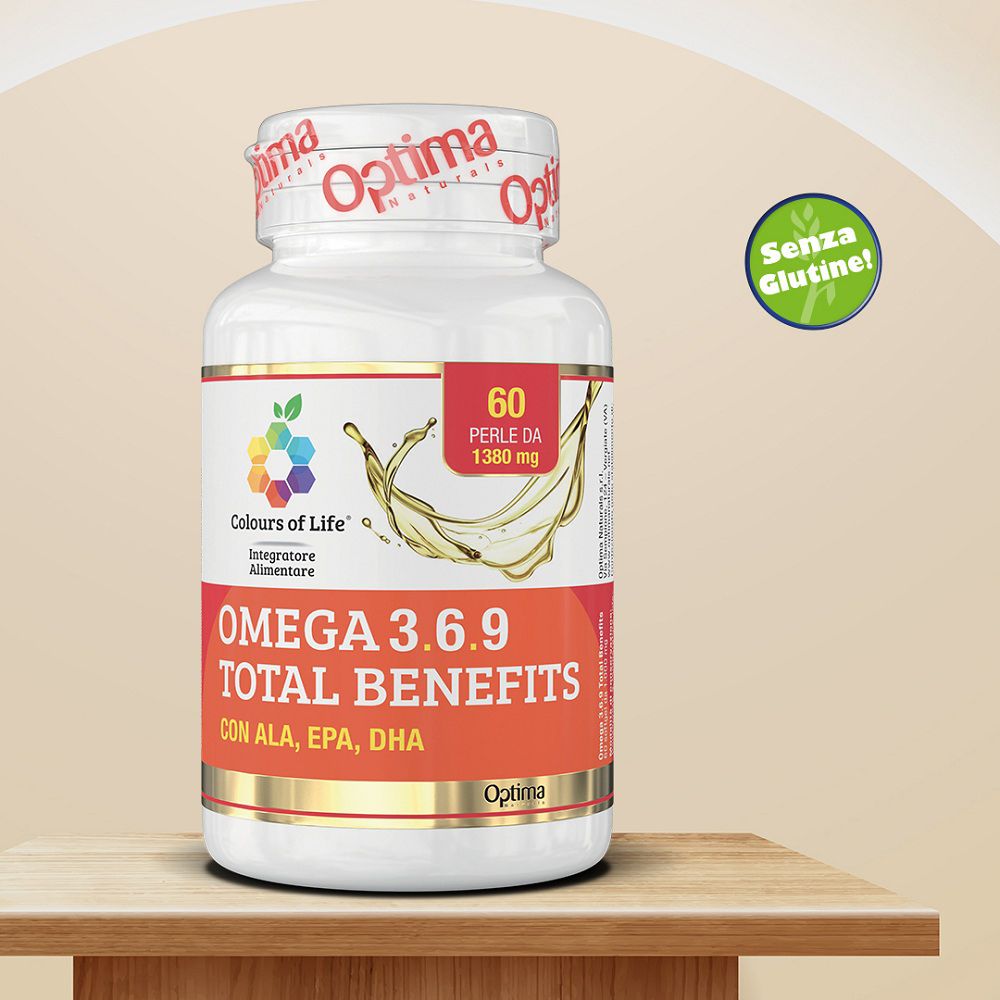 Flacone bianco Omega 3.6.9 Total Benefits con sigillo "Senza Glutine".