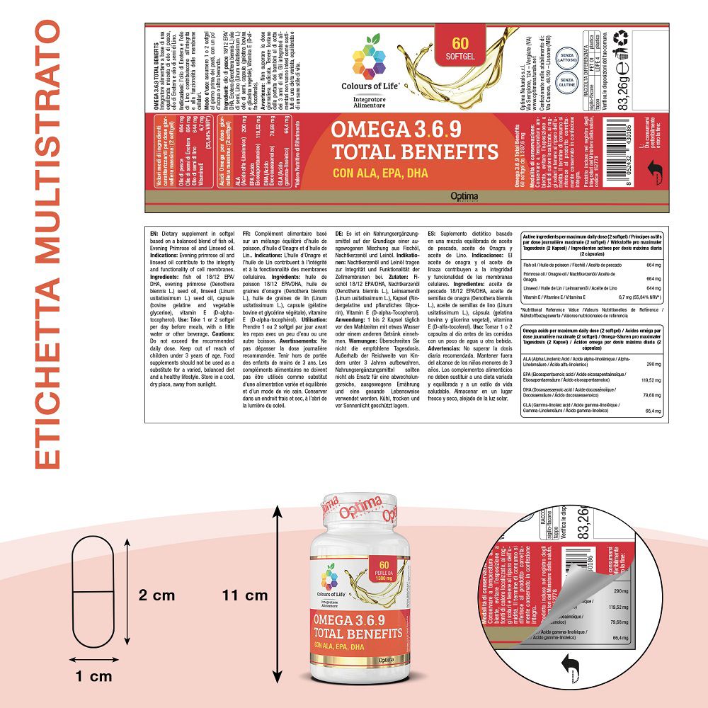 Etichetta con informazioni dettagliate e dimensioni di una capsula e di una bottiglia.