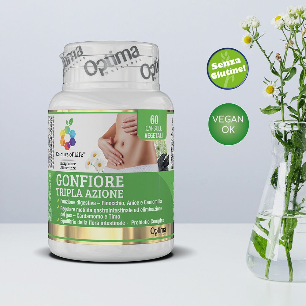 Barattolo da 60 capsule vegetali, con sigilli 'Senza Glutine' e 'Vegano'.