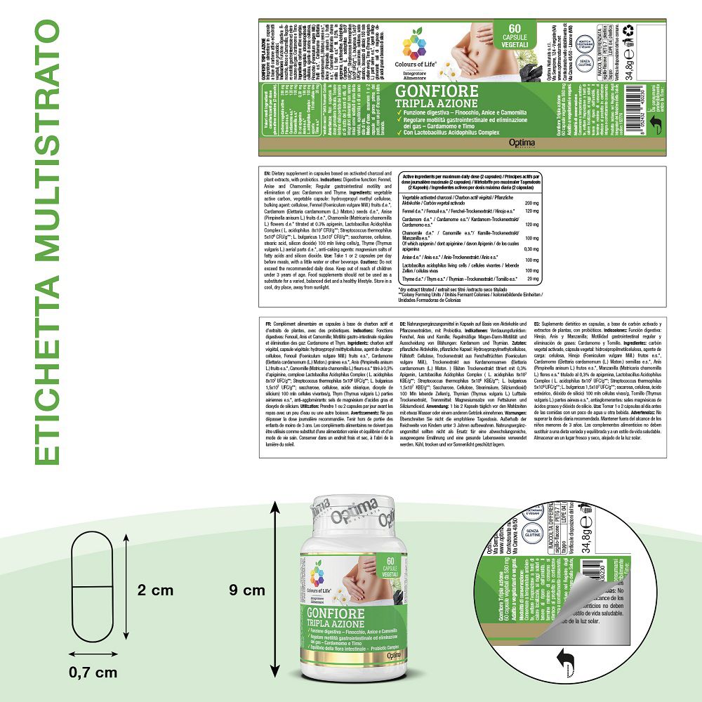 Informazioni dettagliate sull'etichetta e dimensioni di una capsula (2 cm x 0,7 cm) e del barattolo (9 cm).