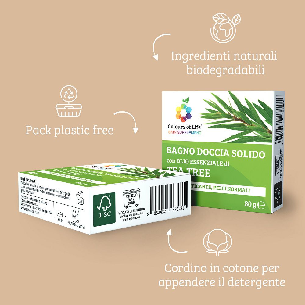 Doccia solida al Tea Tree, cordino in cotone e confezione.