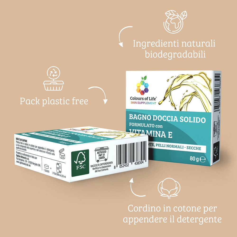 Confezione e doccia solida con Vitamina E. Imballaggio plastic-free e biodegradabile.