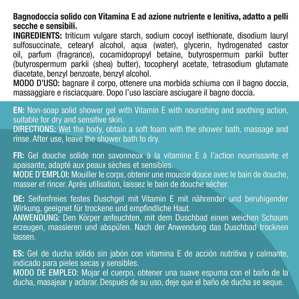 Confezione della doccia solida con Vitamina E. Con simboli di sostenibilità.