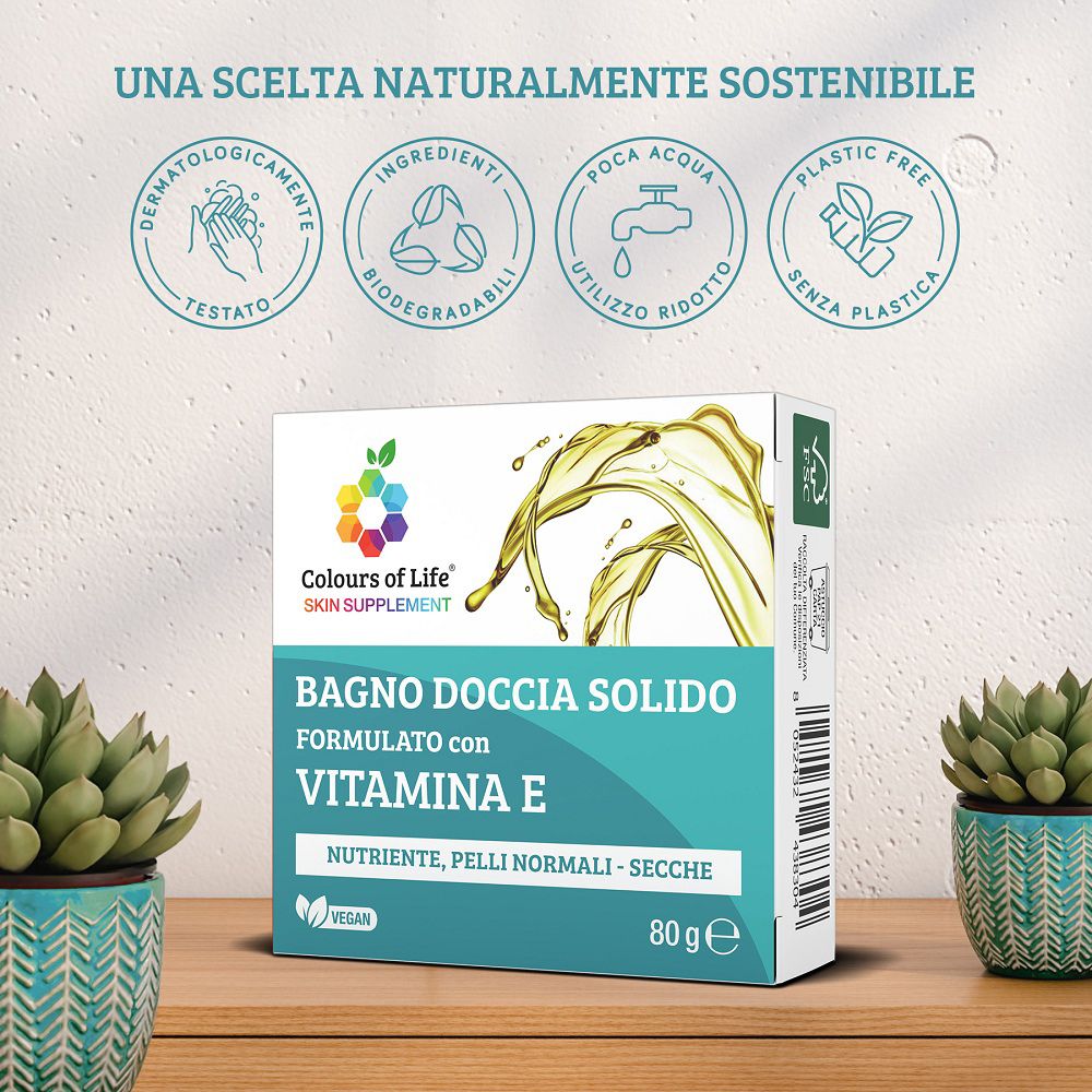 Confezione della doccia solida con Vitamina E. Con sigillo FSC e informazioni sul riciclo.
