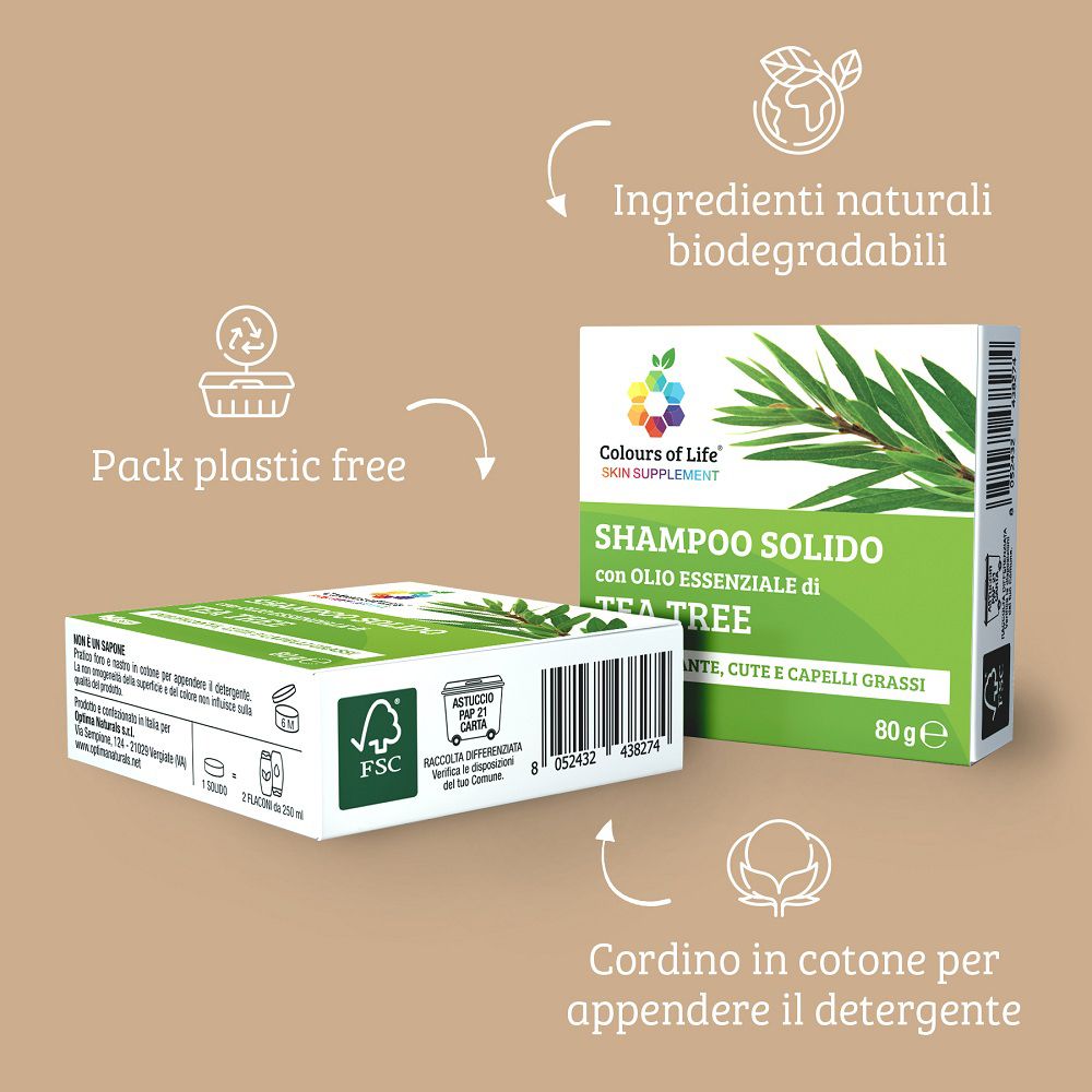 Confezione di shampoo solido, plastic-free, biodegradabile, con cordino in cotone per appenderlo.