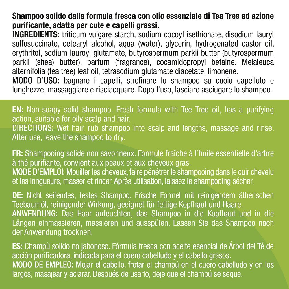 Retro della confezione di shampoo solido con ingredienti e istruzioni d'uso multilingue.