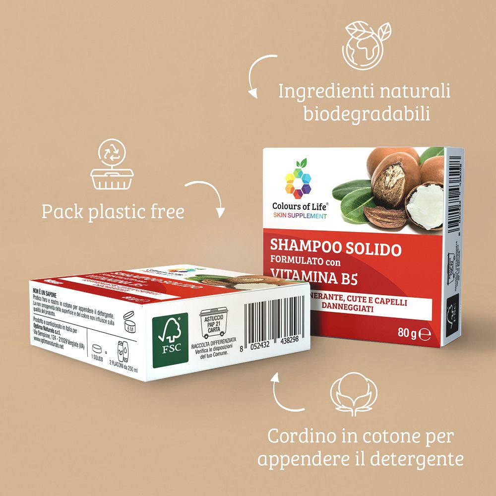 Confezione dello shampoo solido con Vitamina B5, mostra noci di karité e foglie.