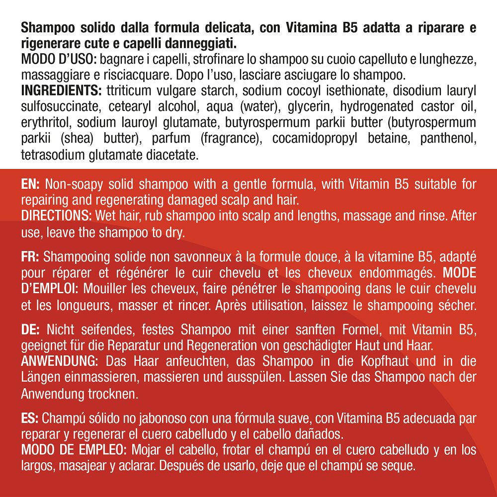 Retro della confezione con ingredienti e istruzioni per shampoo solido.