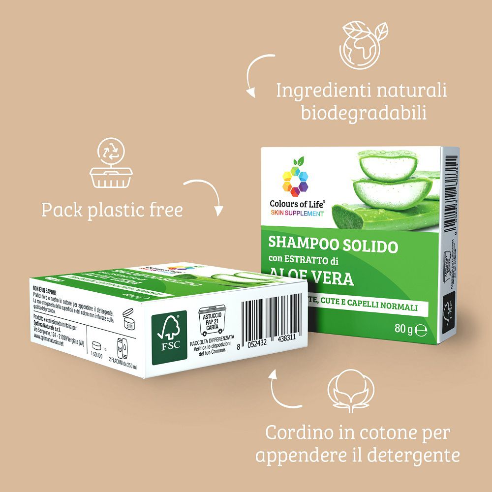 Flacone di shampoo solido all'aloe vera e una scatola, senza plastica.