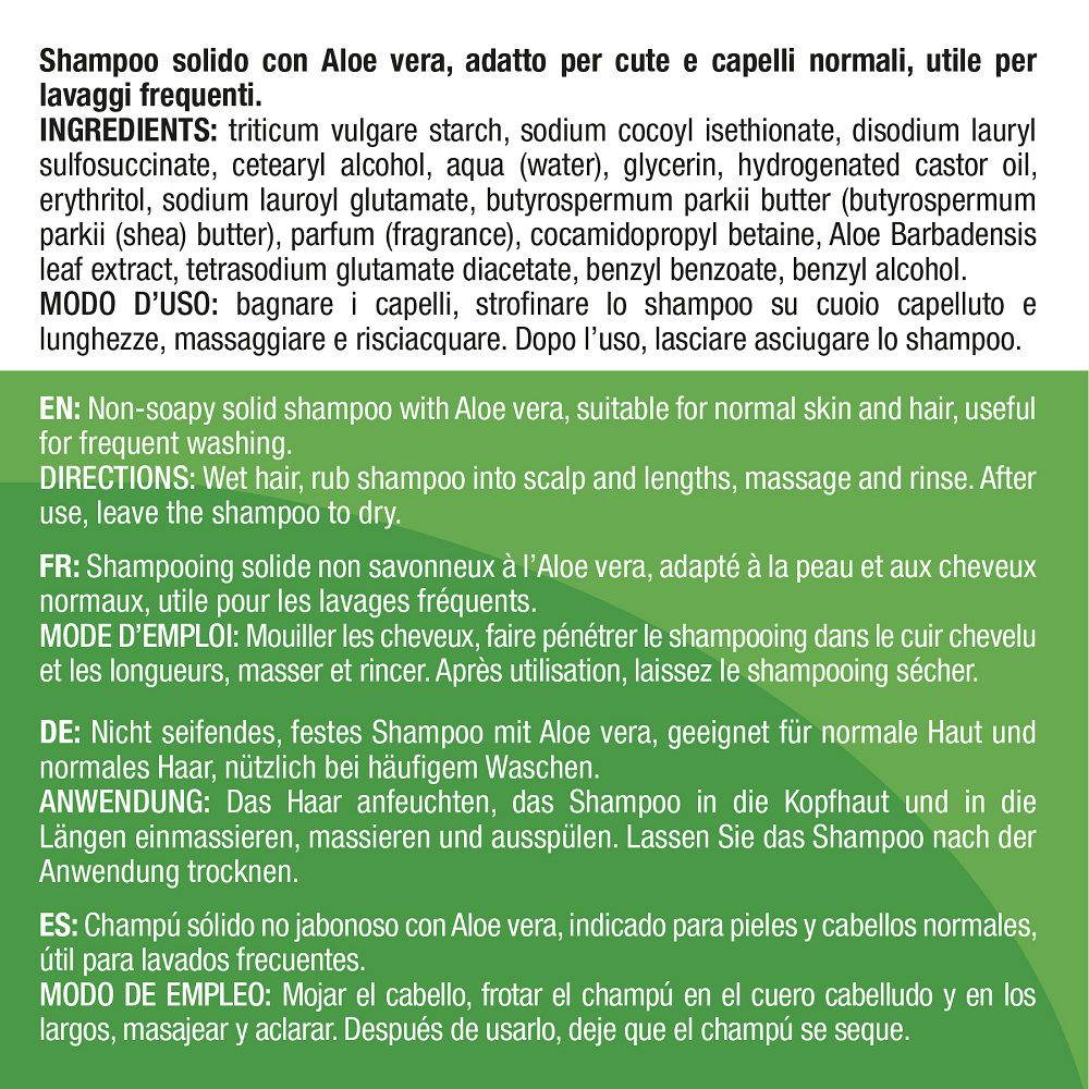 Elenco degli ingredienti per shampoo solido all'aloe vera.