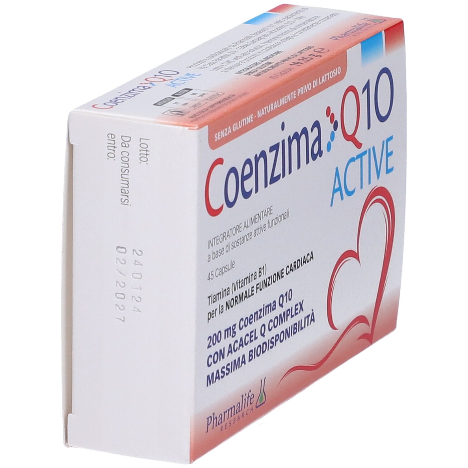 Scatola Coenzima Q10 Active, angolata. Scritto: 45 capsule, 200 mg Coenzima Q10, senza glutine, senza lattosio. Marchio: Pharmalife Research.