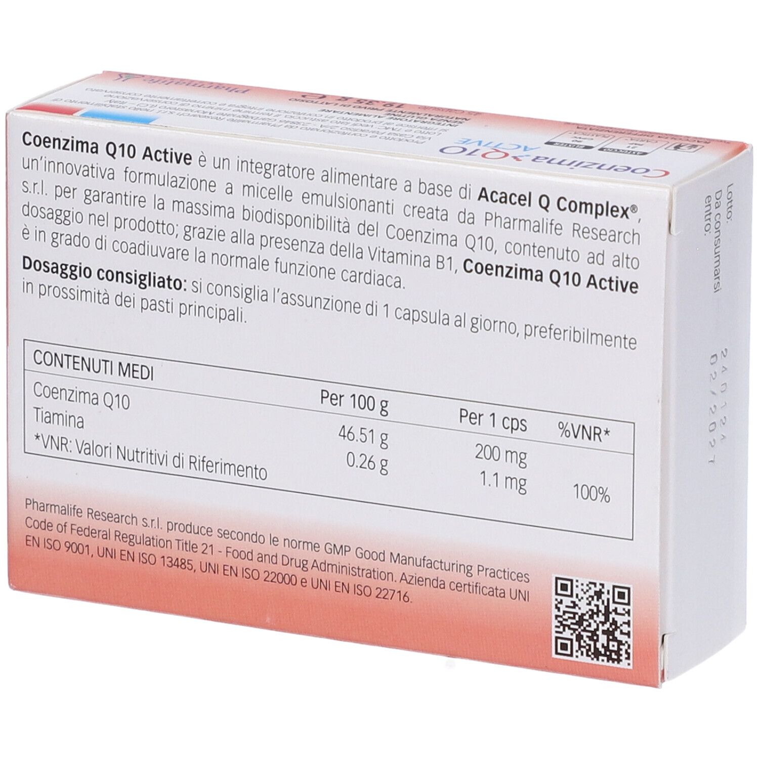 Retro della scatola Coenzima Q10 Active. Testo con ingredienti e informazioni nutrizionali. Marchio: Pharmalife Research. Certificazioni.
