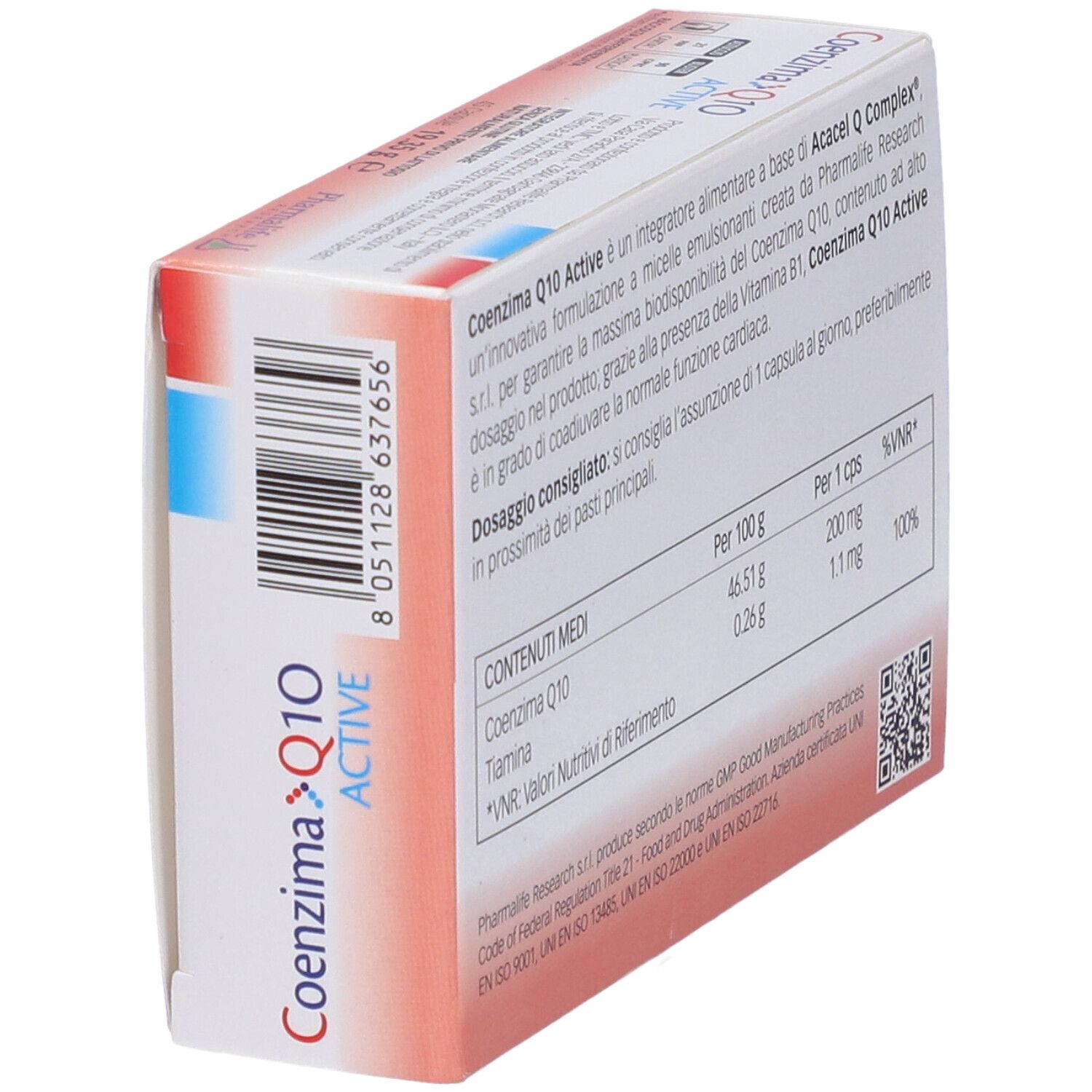 Scatola Coenzima Q10 Active, angolata. Retro con testo, ingredienti e informazioni nutrizionali. Marchio: Pharmalife Research. Certificazioni.