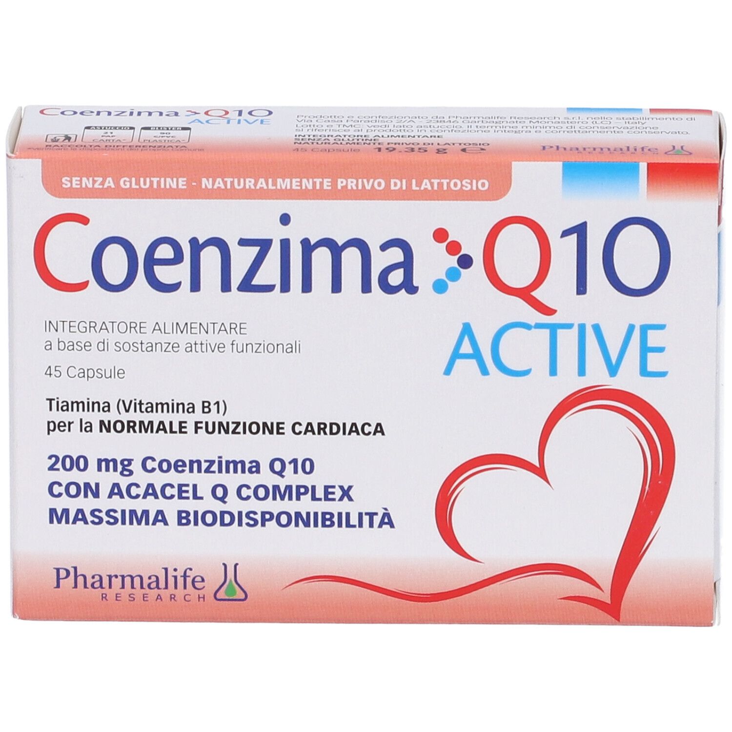 Scatola Coenzima Q10 Active. Scritto: 45 capsule, 200 mg Coenzima Q10, senza glutine, senza lattosio. Marchio: Pharmalife Research. Design cuore.