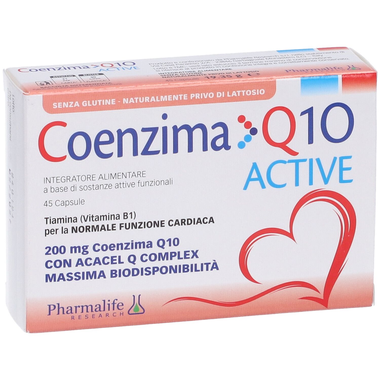 Scatola Coenzima Q10 Active. Scritto: 45 capsule, 200 mg Coenzima Q10, senza glutine, senza lattosio. Marchio: Pharmalife Research. Design cuore.