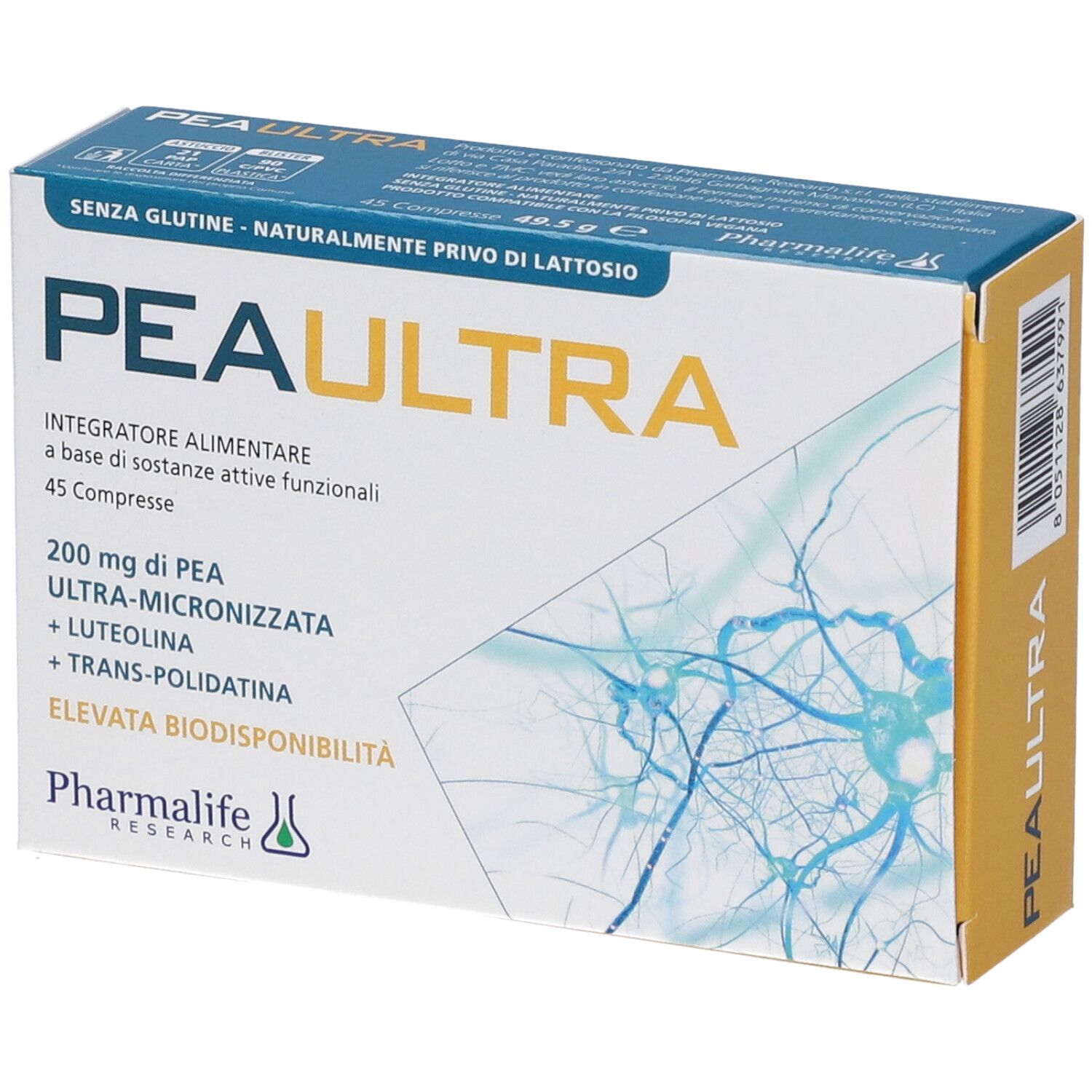 Scatola di integratore alimentare PEAULTRA. Contiene 45 compresse. Scritta: Senza glutine, naturalmente privo di lattosio.