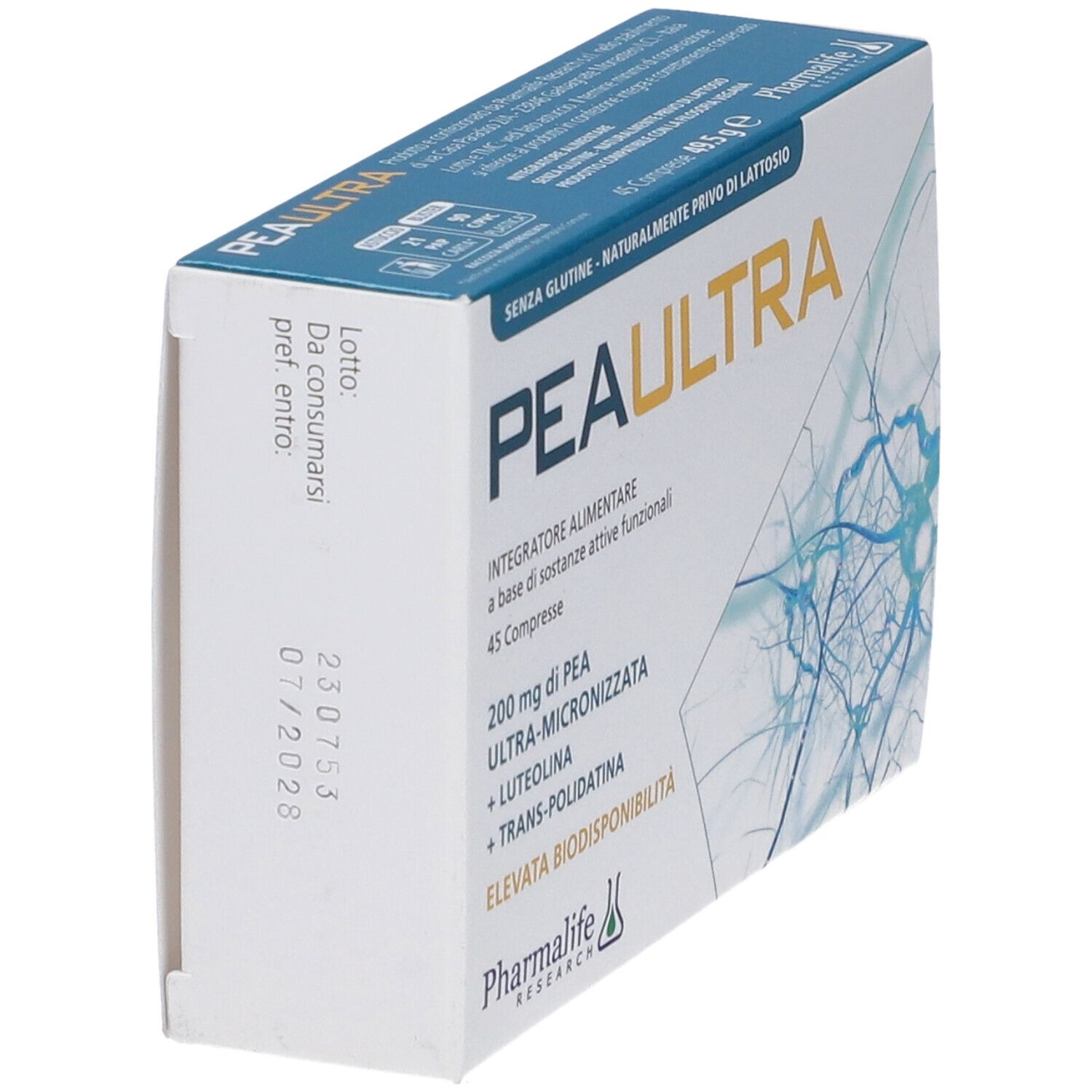 Scatola di integratore alimentare PEAULTRA. Contiene 45 compresse. Scritta: Senza glutine, naturalmente privo di lattosio.