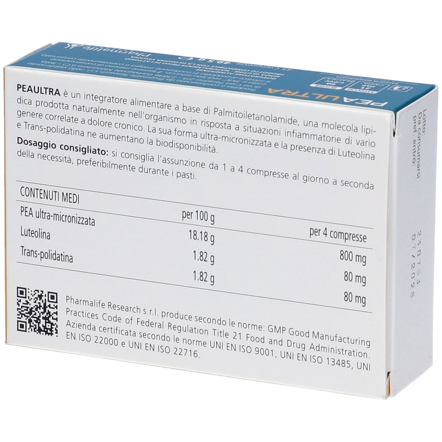 Retro della scatola PEAULTRA. Contiene informazioni sugli ingredienti e il dosaggio. Codice QR e certificazioni.