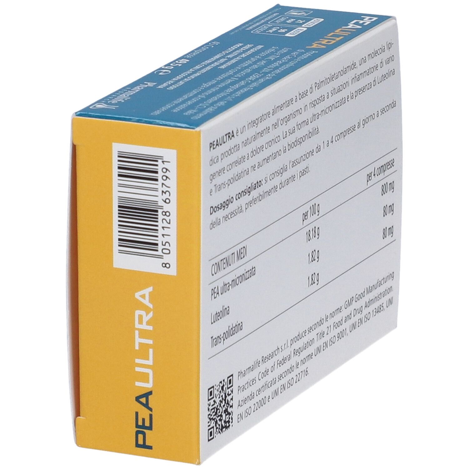 Vista laterale della scatola PEAULTRA. Contiene informazioni sugli ingredienti e il dosaggio. Codice QR e certificazioni.