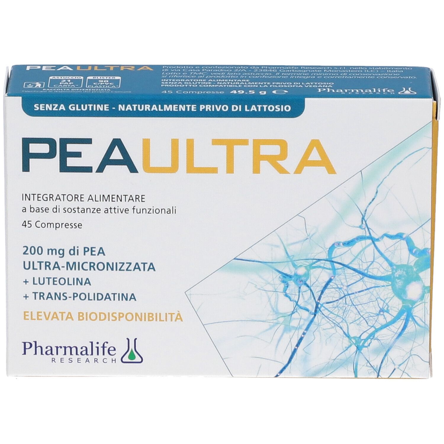 Scatola di integratore alimentare PEAULTRA. Contiene 45 compresse. Scritta: Senza glutine, naturalmente privo di lattosio.