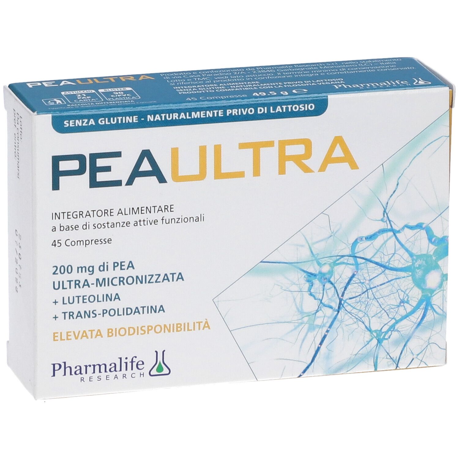 Scatola di integratore alimentare PEAULTRA. Contiene 45 compresse. Scritta: Senza glutine, naturalmente privo di lattosio.