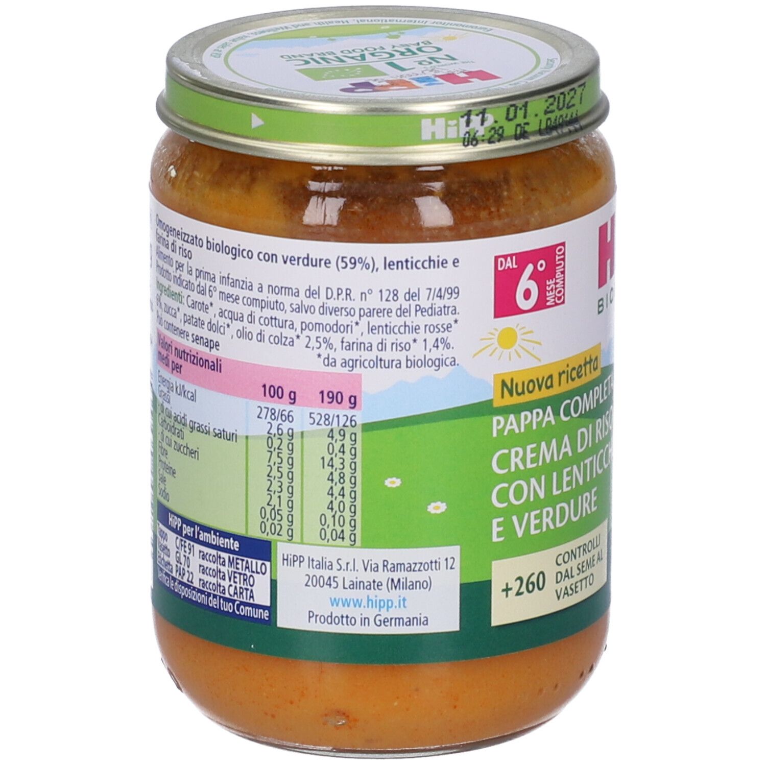 Retro del vasetto di pappa per neonati HiPP Bio. Informazioni nutrizionali ed elenco ingredienti. Testo in italiano.