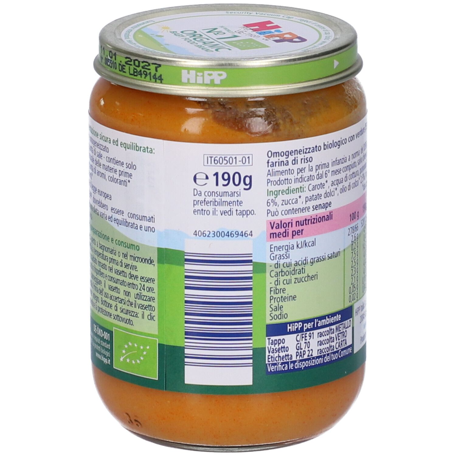 Retro del vasetto di pappa per neonati HiPP Bio. Testo in italiano. Informazioni nutrizionali e ingredienti.