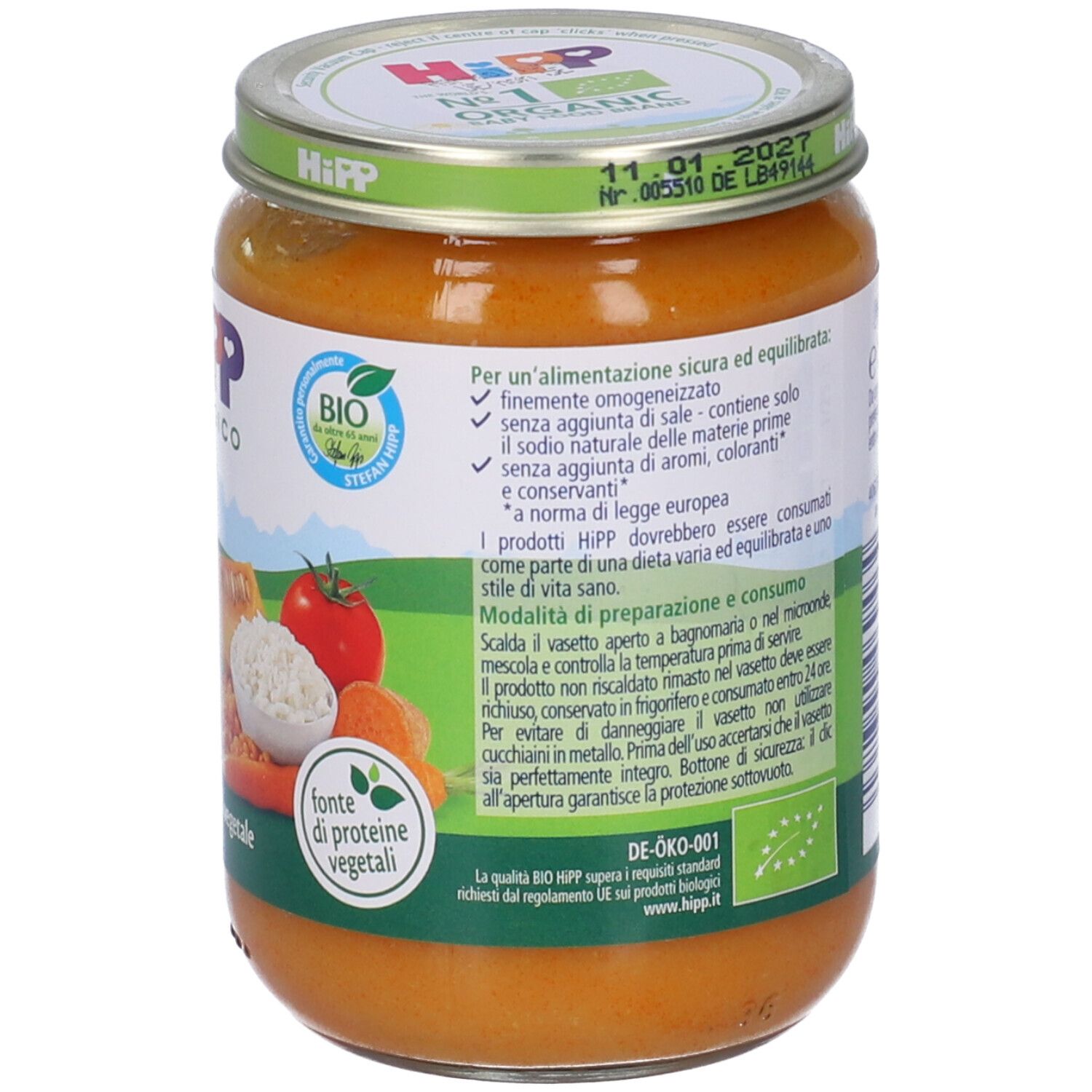 Retro del vasetto di pappa per neonati HiPP Bio. Testo in italiano. Informazioni sull'alimentazione sicura.