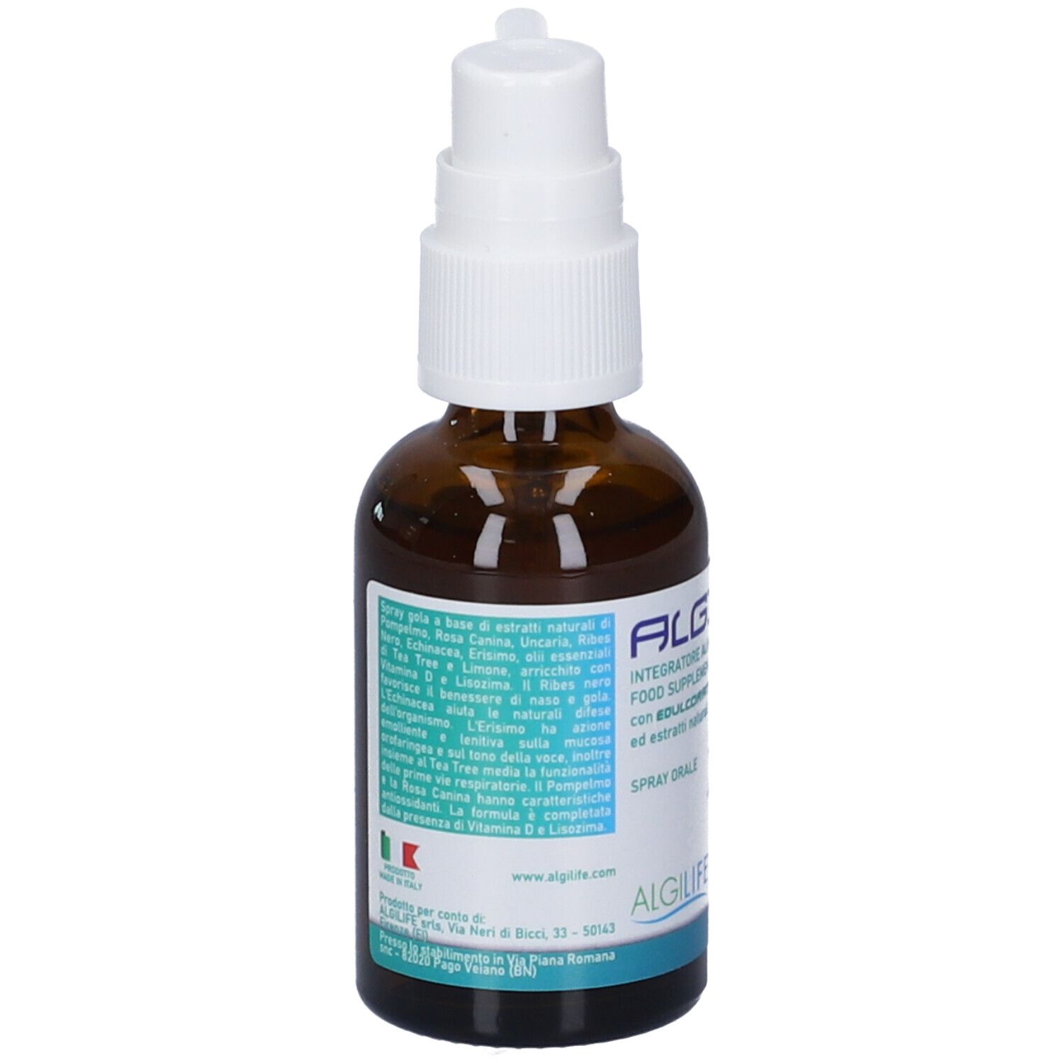 Flacone di vetro marrone con nebulizzatore bianco. Scritta ALGIGOLA e testo. Bandiera italiana.