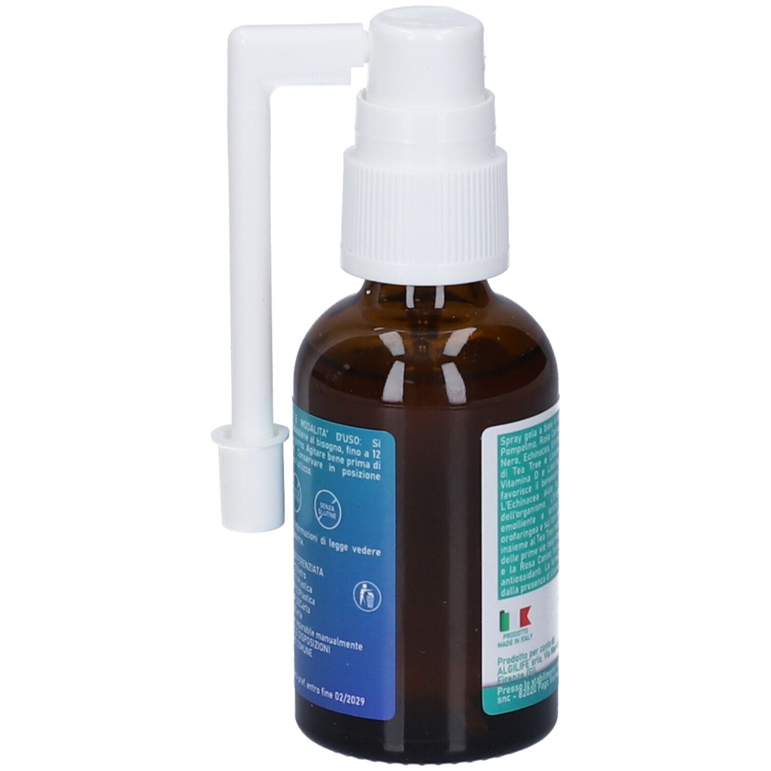 Flacone di vetro marrone con nebulizzatore e applicatore bianchi. Testo e grafica blu. Bandiera italiana.