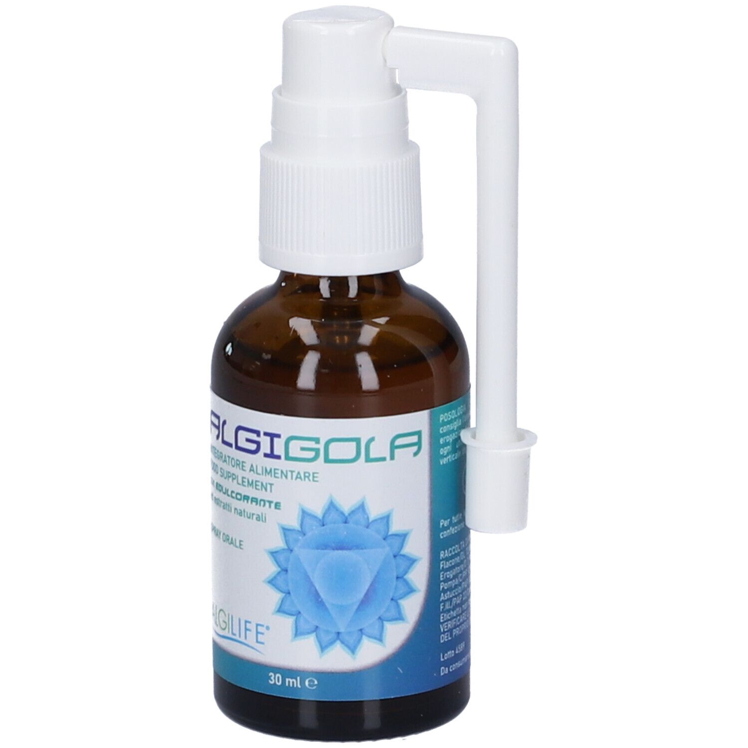 Flacone di vetro marrone con nebulizzatore e applicatore bianchi. Scritta ALGIGOLA, 30 ml. Grafica blu.