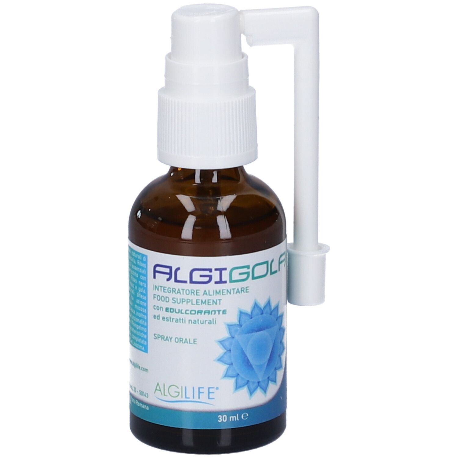 Flacone di vetro marrone con nebulizzatore e applicatore bianchi. Scritta ALGIGOLA, 30 ml. Grafica blu.