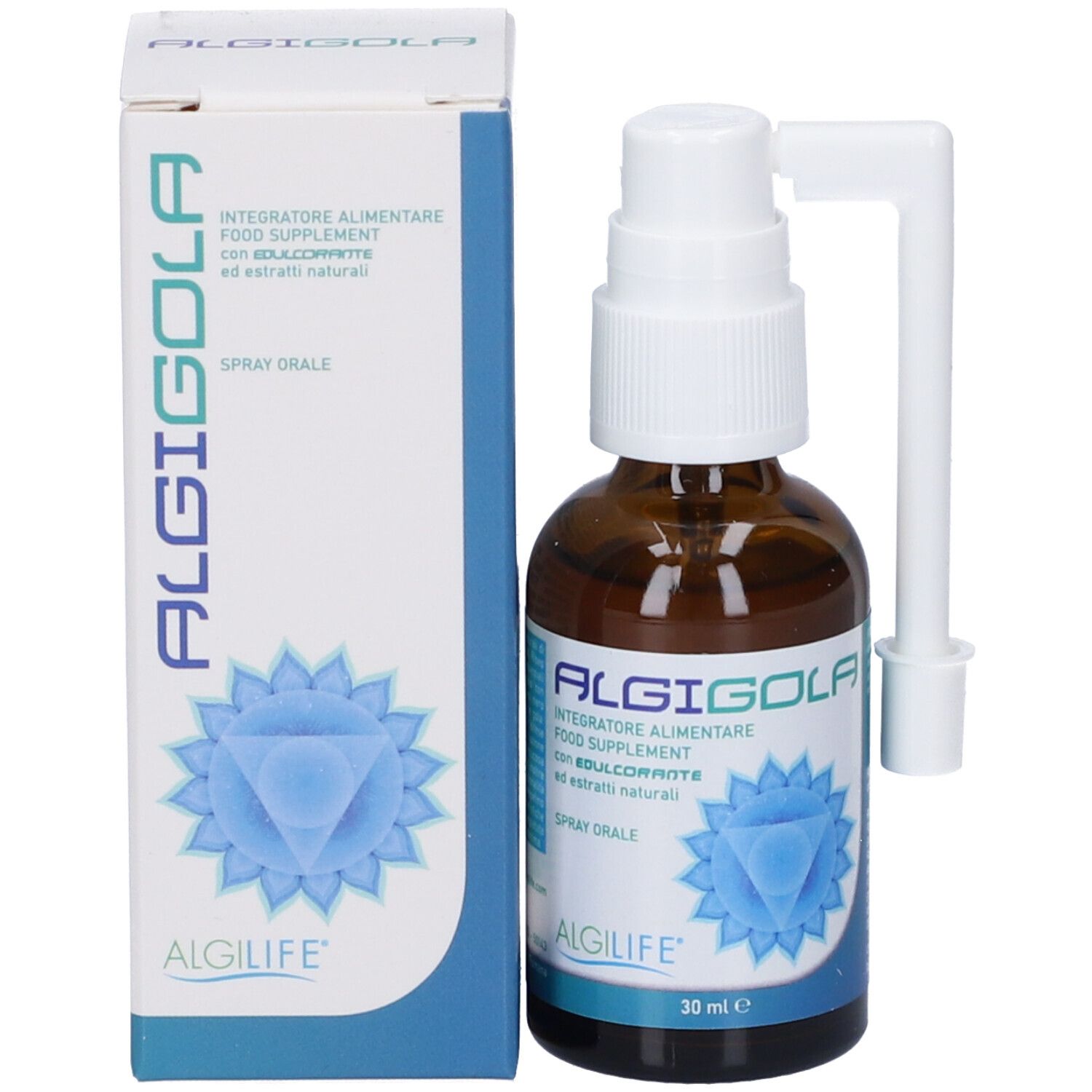Flacone di vetro marrone e scatola. Scritta ALGIGOLA. Grafica blu. Sfondo bianco.
