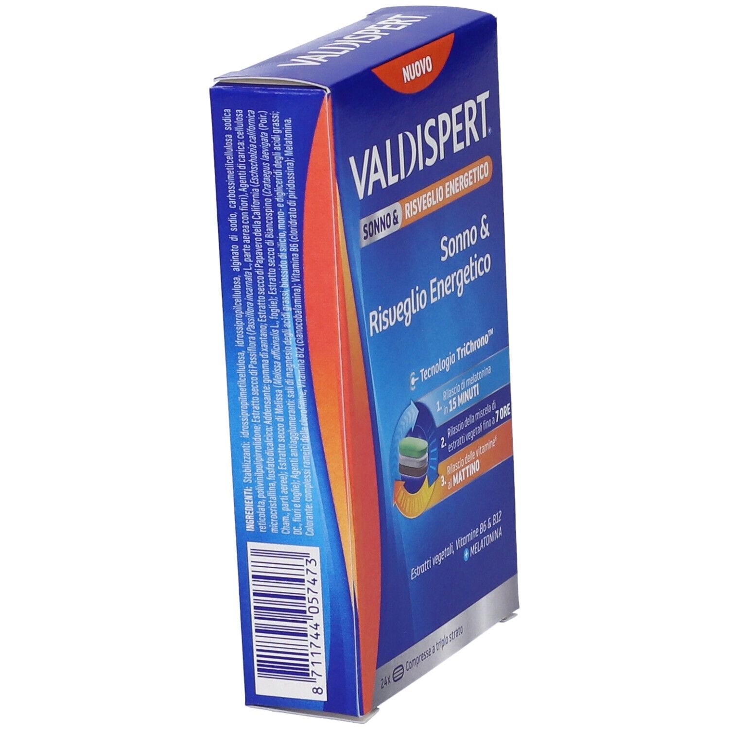 Scatola blu, VALDISPERT SONNO & RISVEGLIO ENERGETICO. Vista laterale con informazioni e ingredienti.