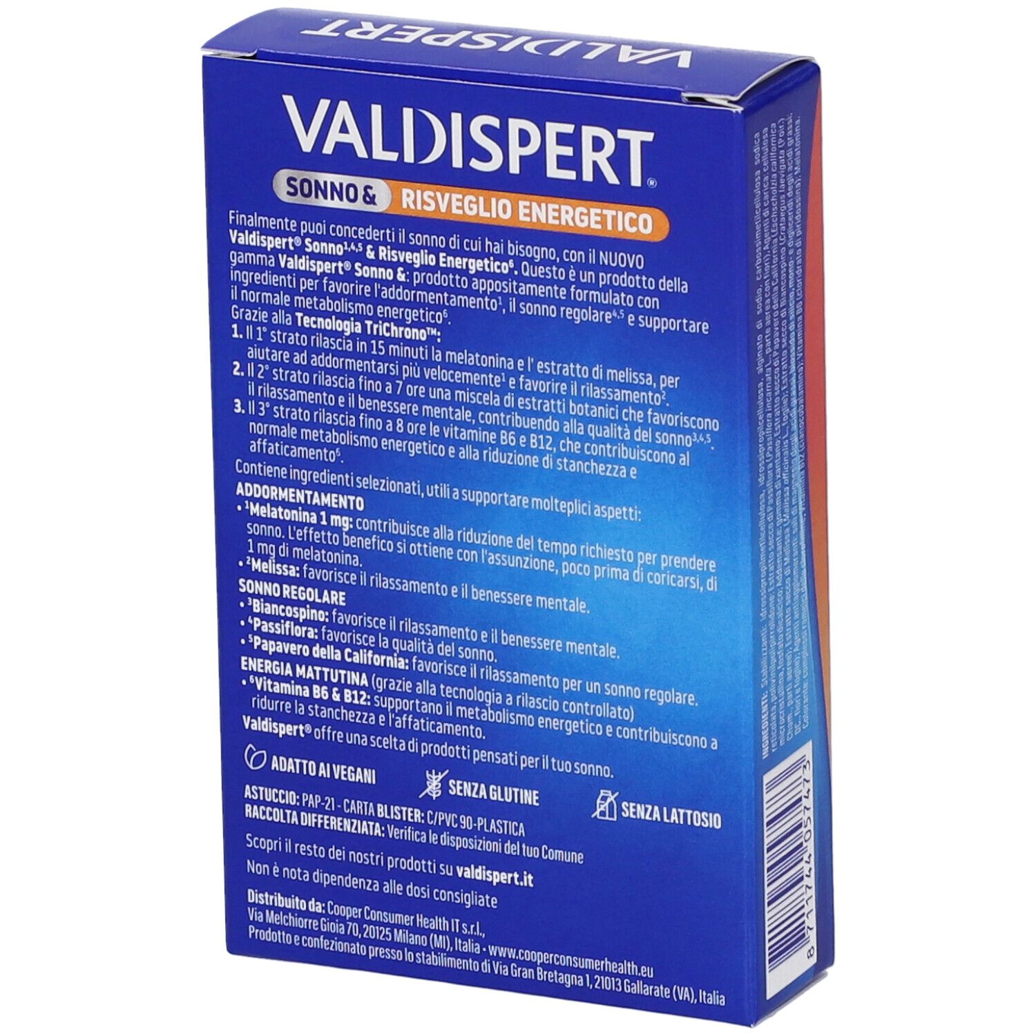 Scatola blu, VALDISPERT SONNO & RISVEGLIO ENERGETICO. Retro con informazioni e ingredienti del prodotto.