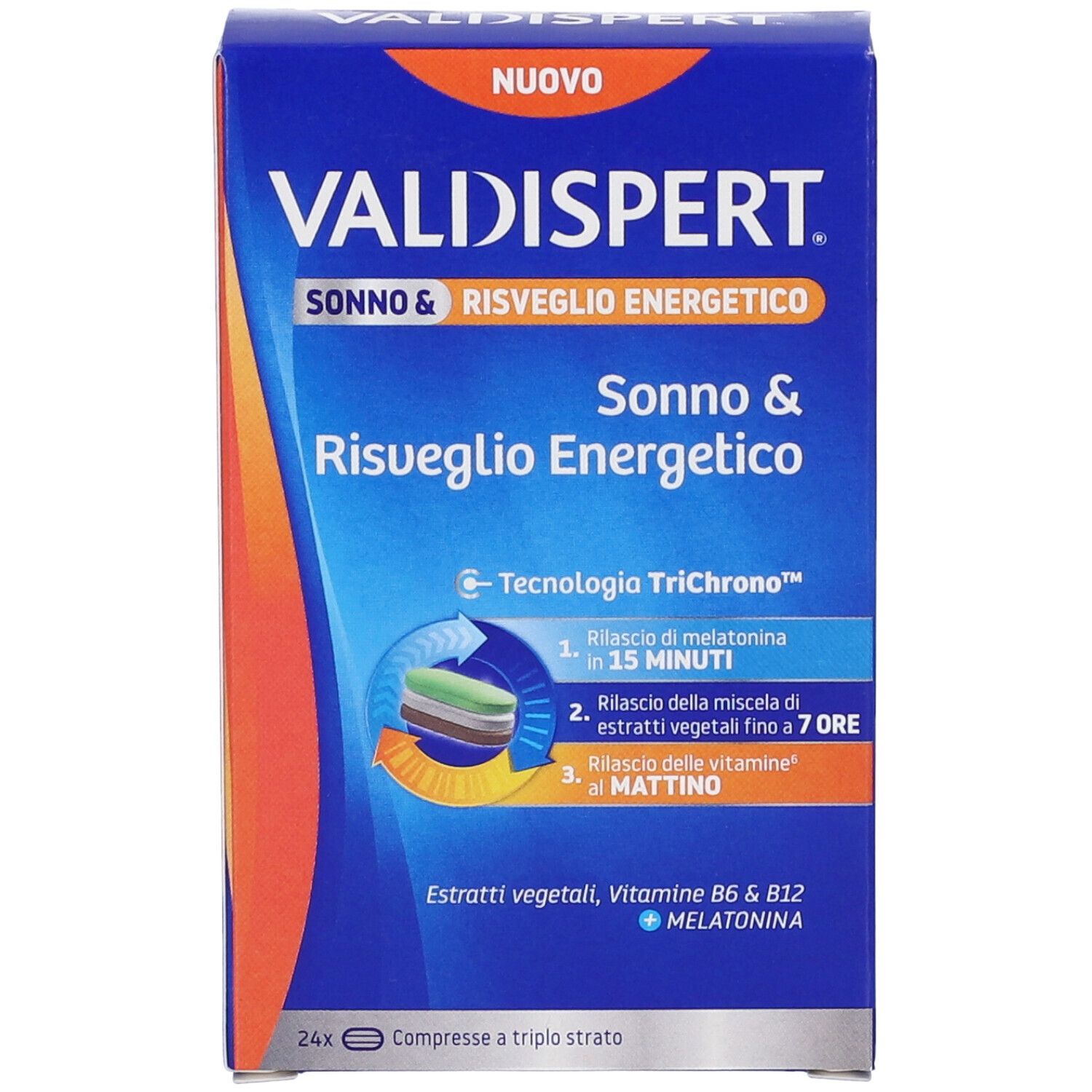 Scatola blu, VALDISPERT SONNO & RISVEGLIO ENERGETICO. Vista frontale con informazioni sul prodotto.