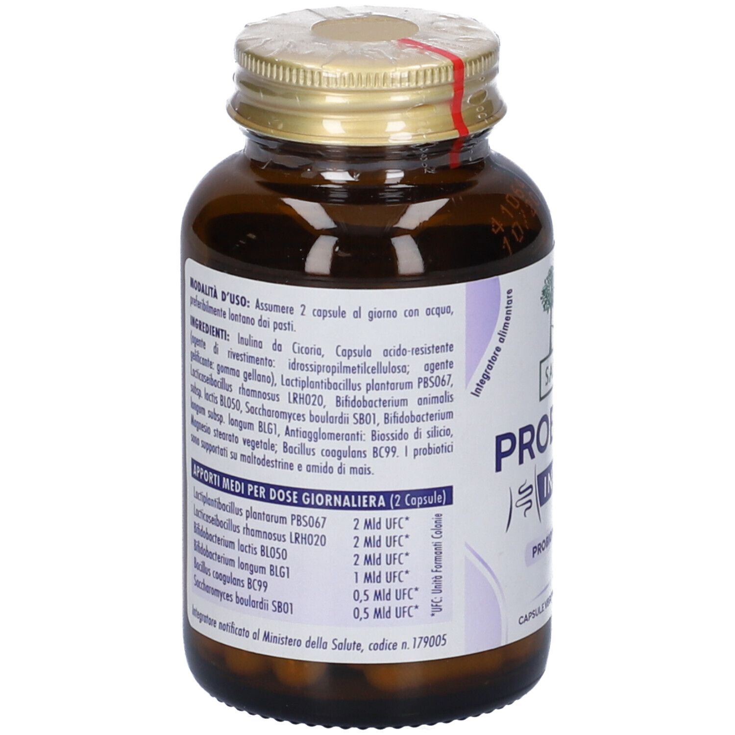 Retro del flacone con ingredienti e dosaggio. Testo in italiano. Contiene ingredienti e informazioni nutrizionali.