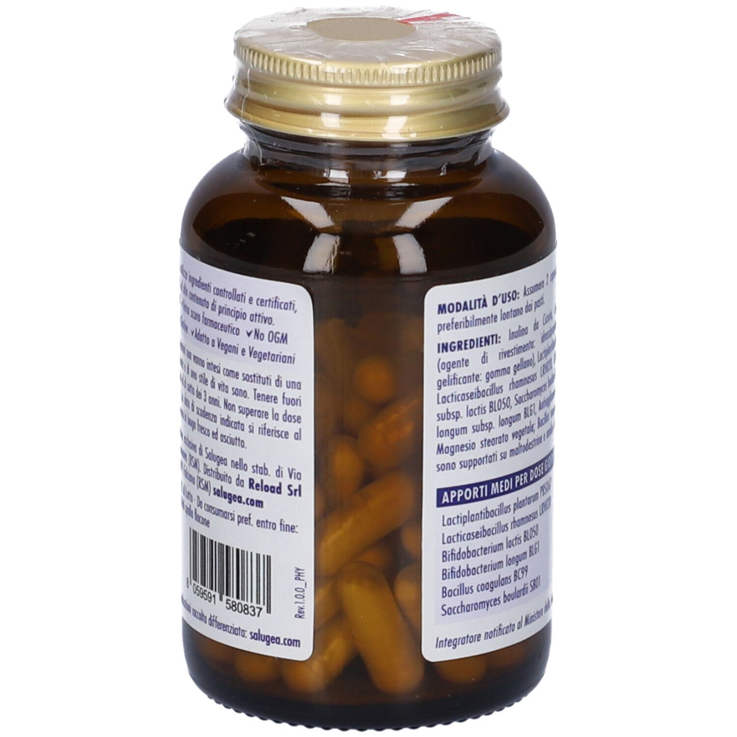 Flacone di vetro marrone con capsule. Scritta e testo in italiano. Contiene informazioni sugli ingredienti.