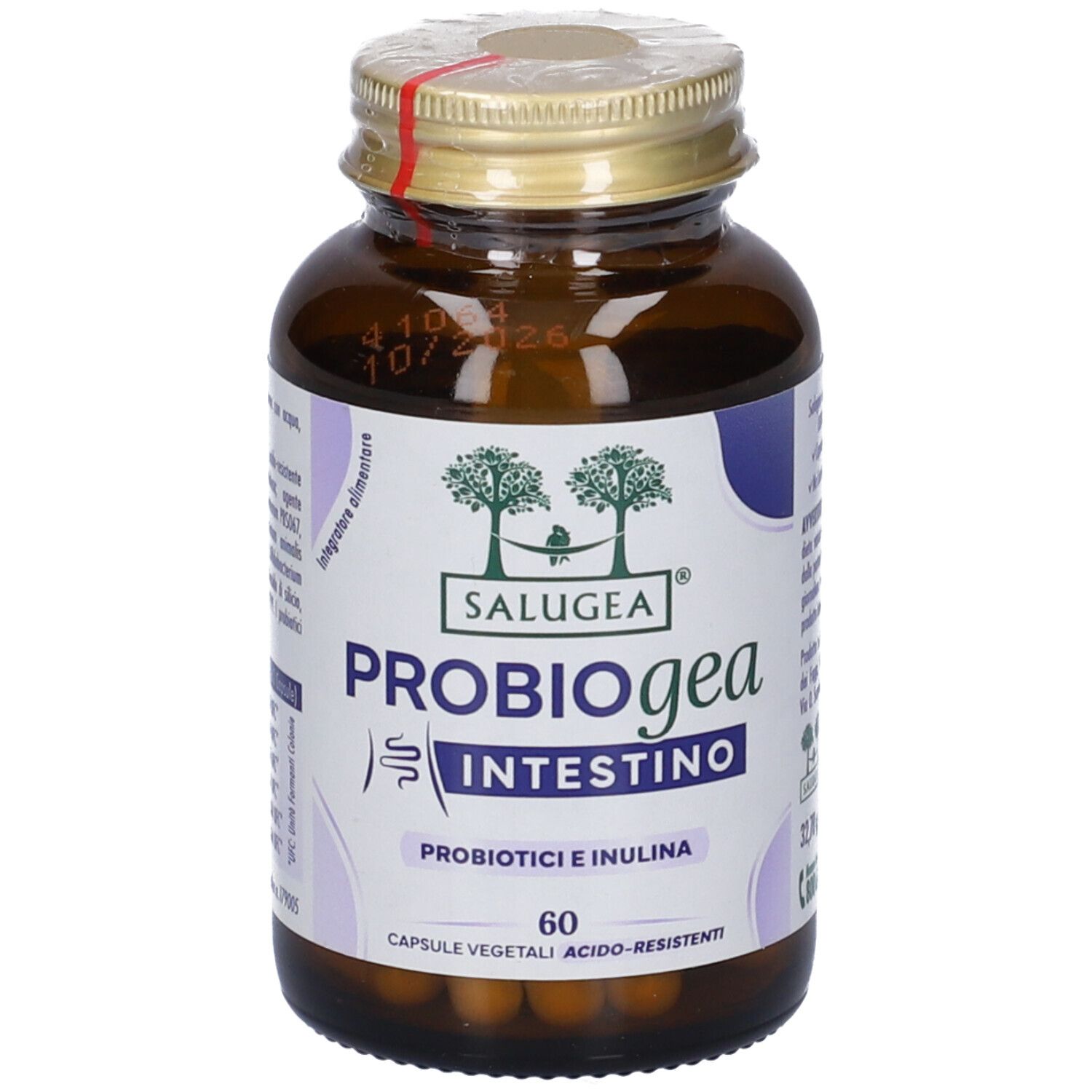 Flacone di vetro marrone con capsule. Scritta: Salugea ProbioGea Intestino, 60 capsule. Tappo rosso. Numero di telefono.