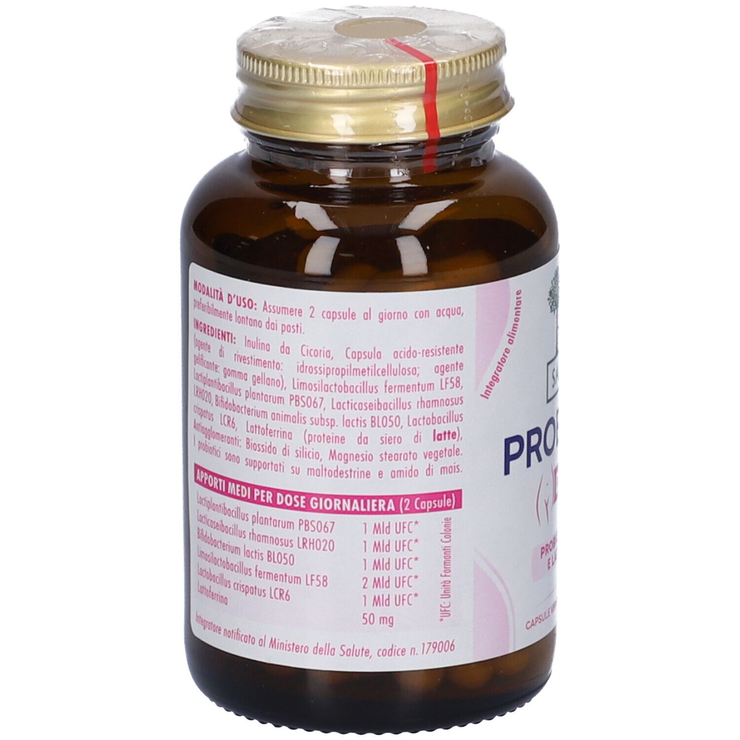 Retro del flacone con ingredienti e dosaggio. Contiene inulina, capsule, ceppi di Lactobacillus e lattosio.