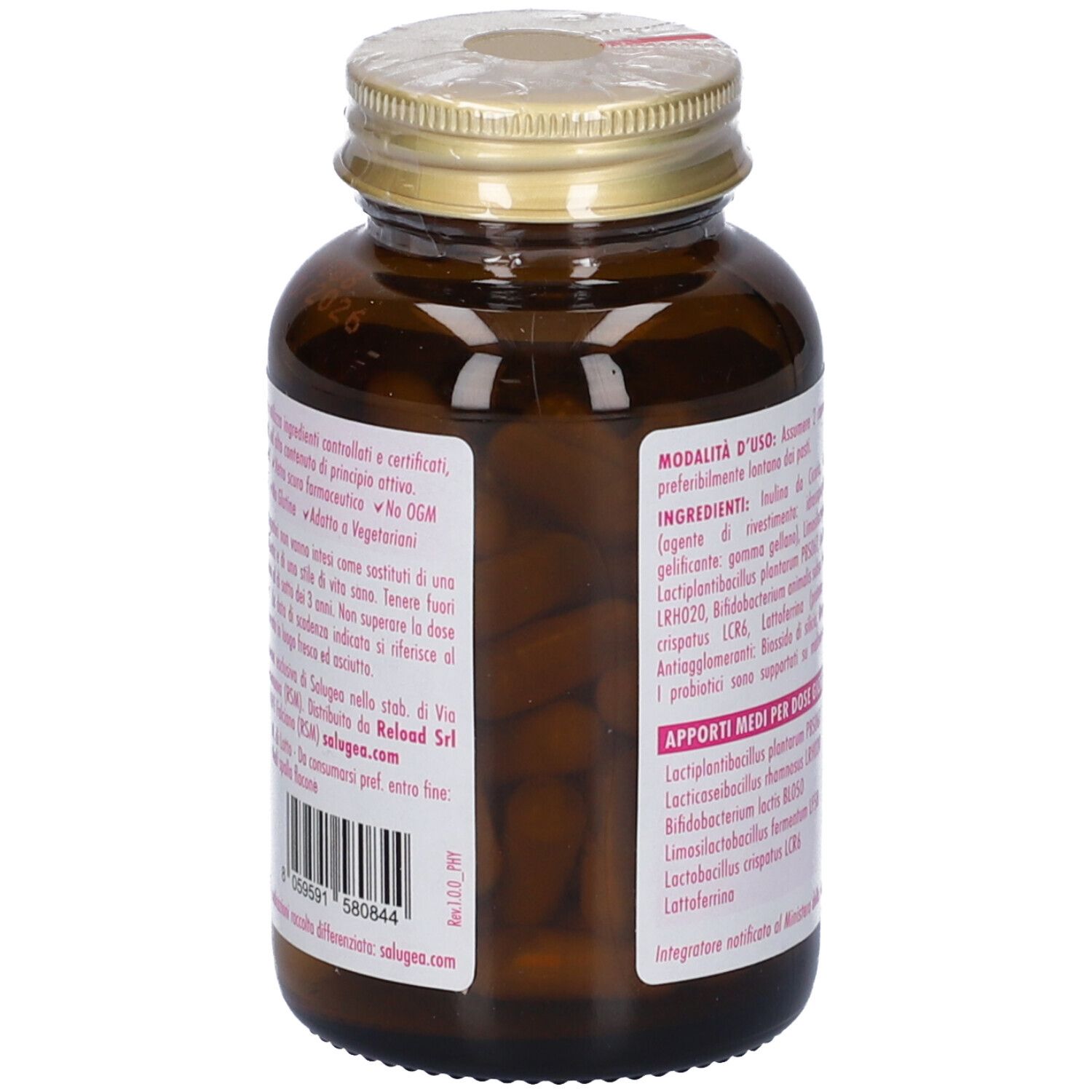 Retro del flacone con informazioni. Contiene informazioni sugli ingredienti, le certificazioni e il produttore.