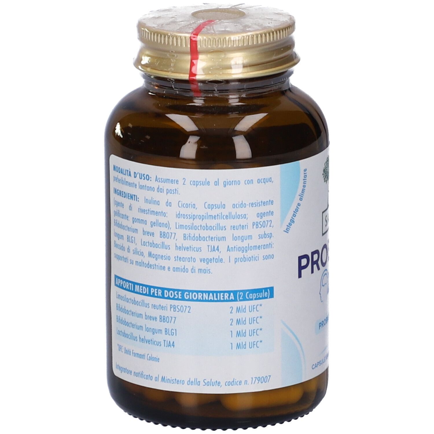 Vista posteriore del flacone di vetro marrone. Etichetta con ingredienti e informazioni nutrizionali. Sigillo rosso.