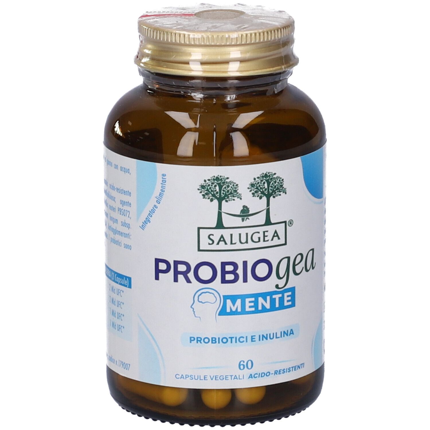 Flacone di vetro marrone con tappo dorato. Etichetta con nome e logo del prodotto. Contiene 60 capsule.