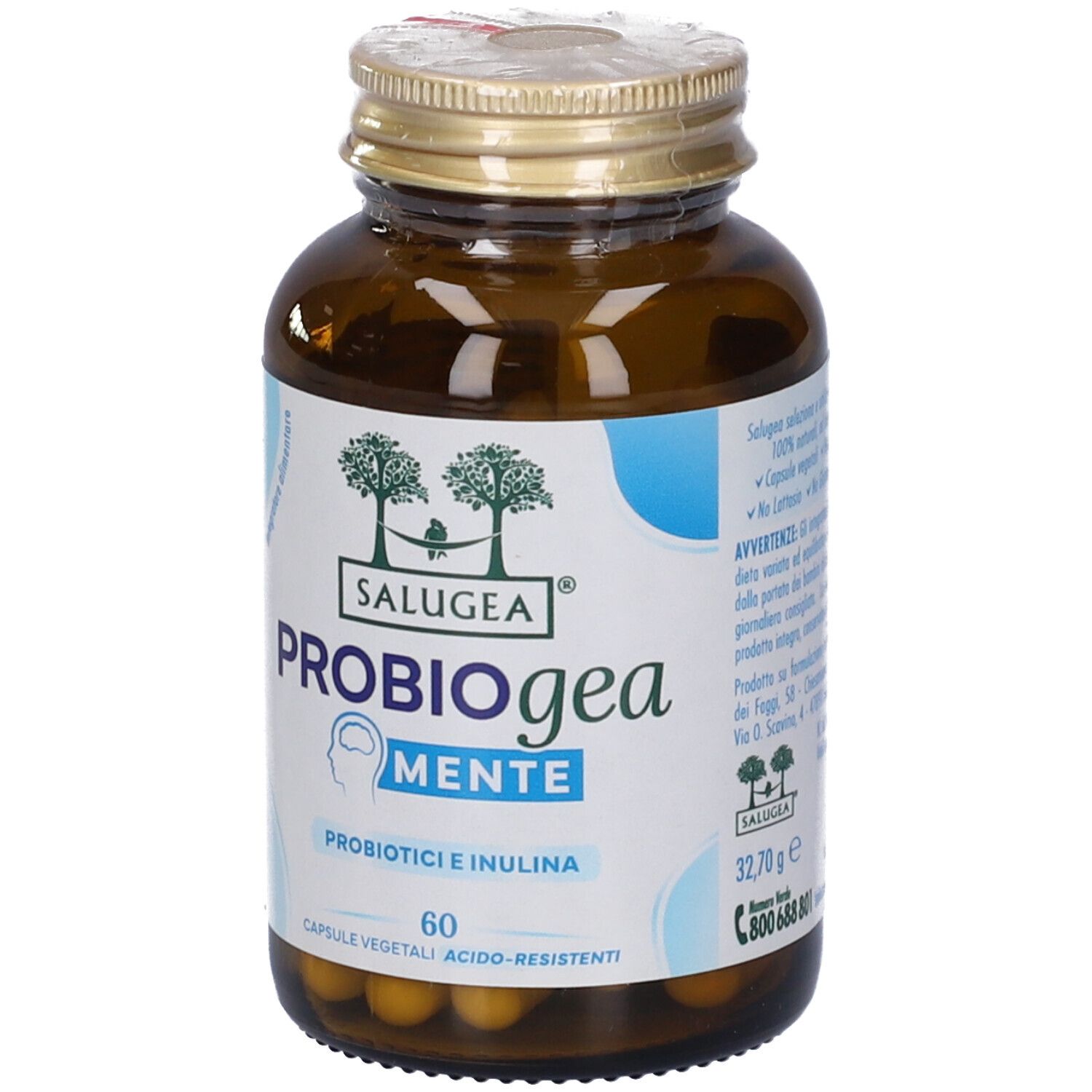 Flacone di vetro marrone con tappo dorato. Etichetta con nome e logo del prodotto. Contiene 60 capsule.