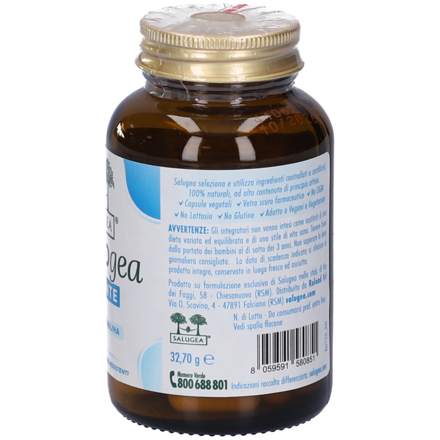 Vista posteriore del flacone di vetro marrone. Etichetta con ingredienti e informazioni nutrizionali. Sigillo rosso.