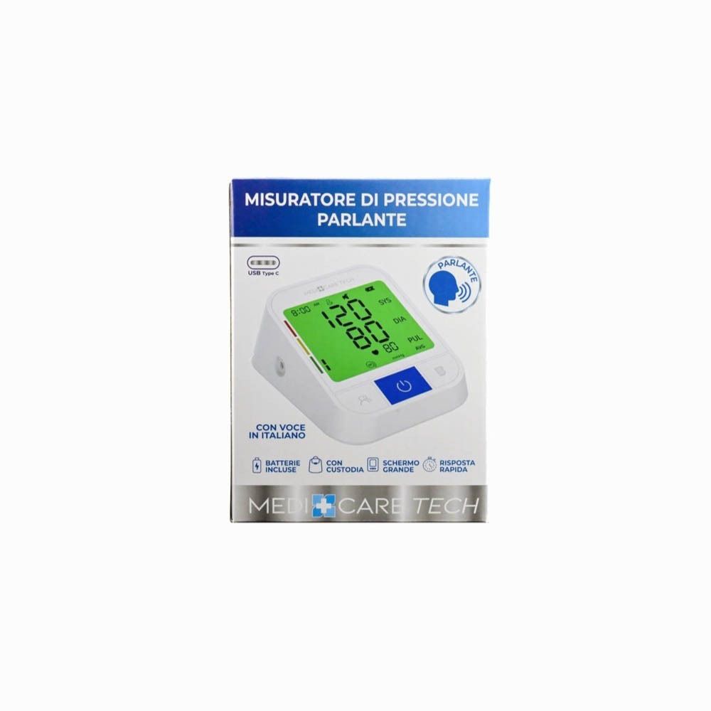Confezione del misuratore di pressione Medicare Tech. Contiene il dispositivo e il testo: Misuratore di pressione parlante.