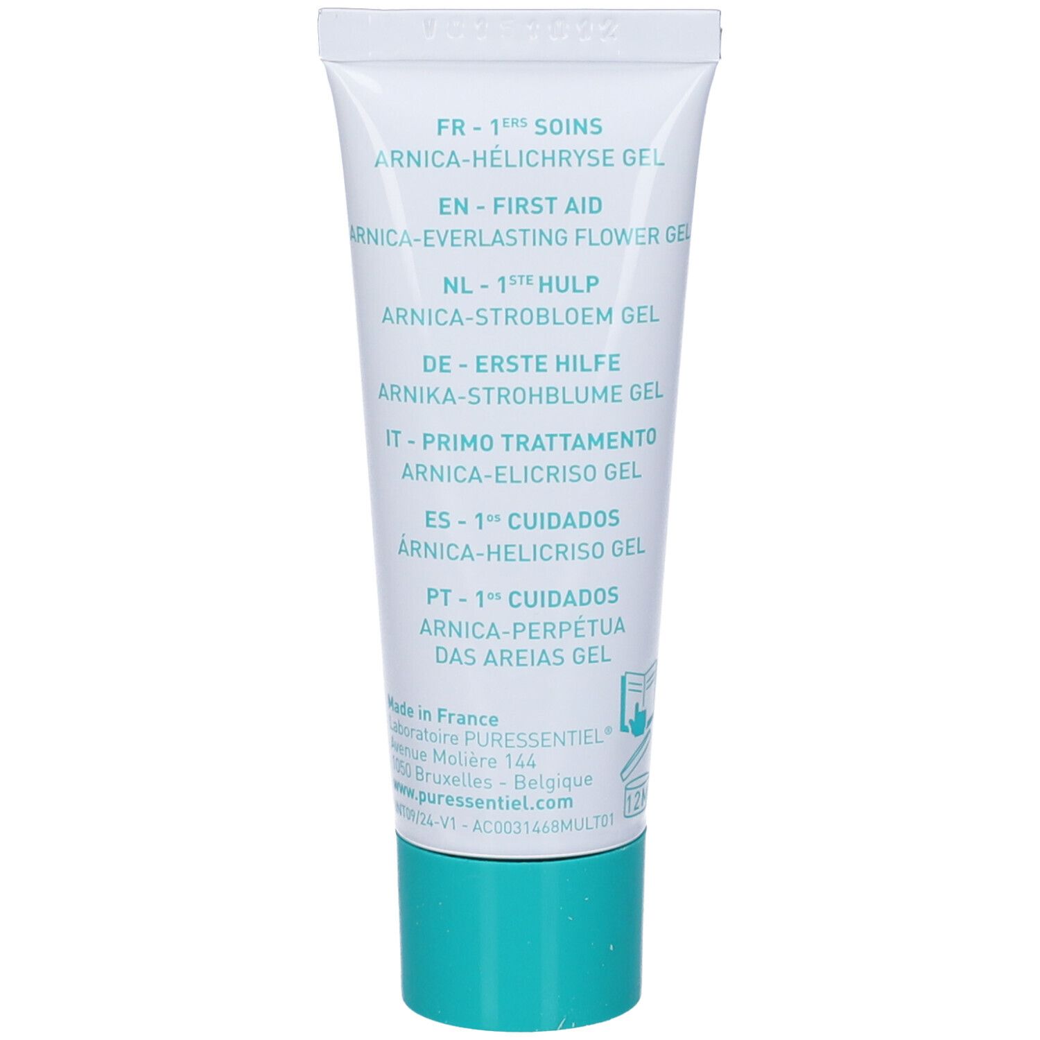 Retro del tubo. Elenco multilingue: FR, EN, NL, DE, IT, ES, PT. Tappo turchese.