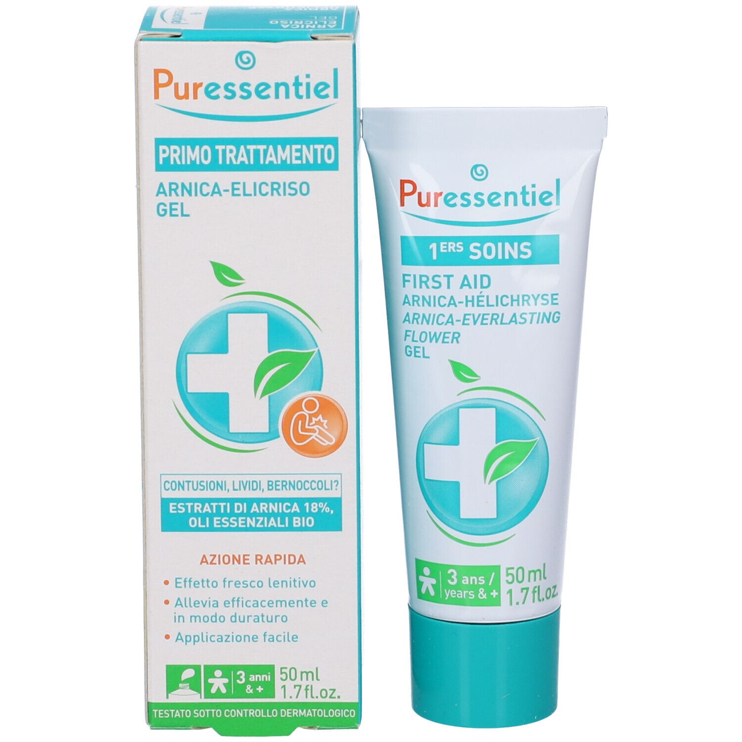 Prodotto e confezione. Tubo e scatola. Scritta: PRIMO TRATTAMENTO, GEL. Logo croce verde. Tappo turchese.