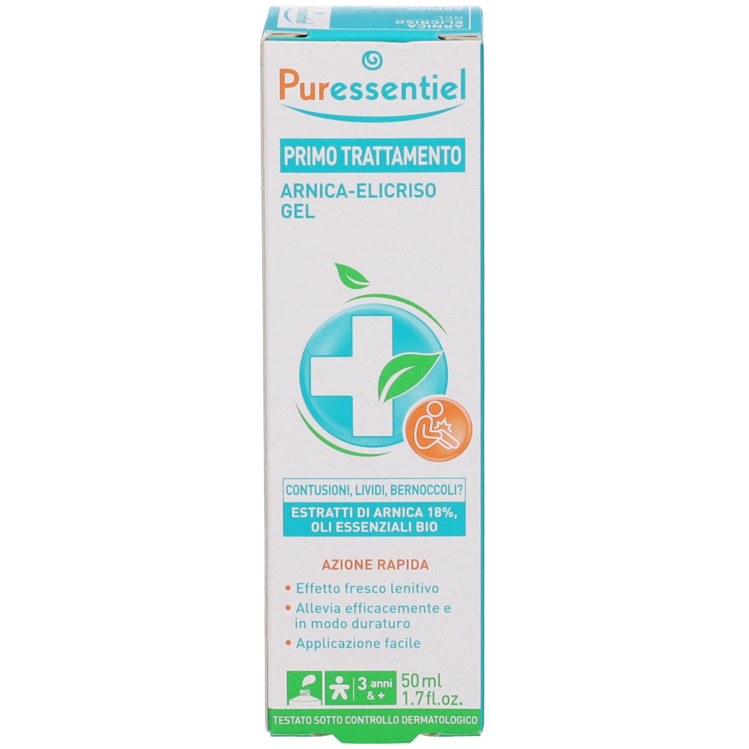 Scatola. Scritta: PRIMO TRATTAMENTO, GEL. Logo croce verde. Informazioni sugli ingredienti e l'uso.