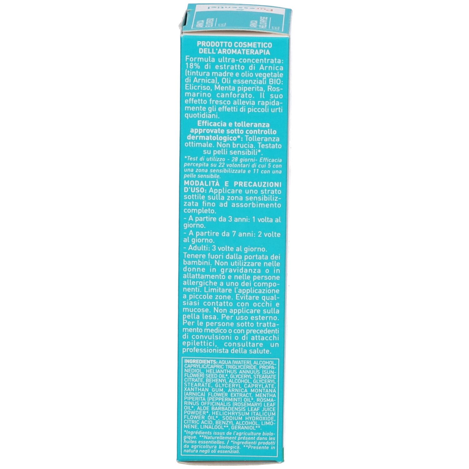 Scatola. Testo su ingredienti, uso e precauzioni. Logo. Colori verde e bianco.